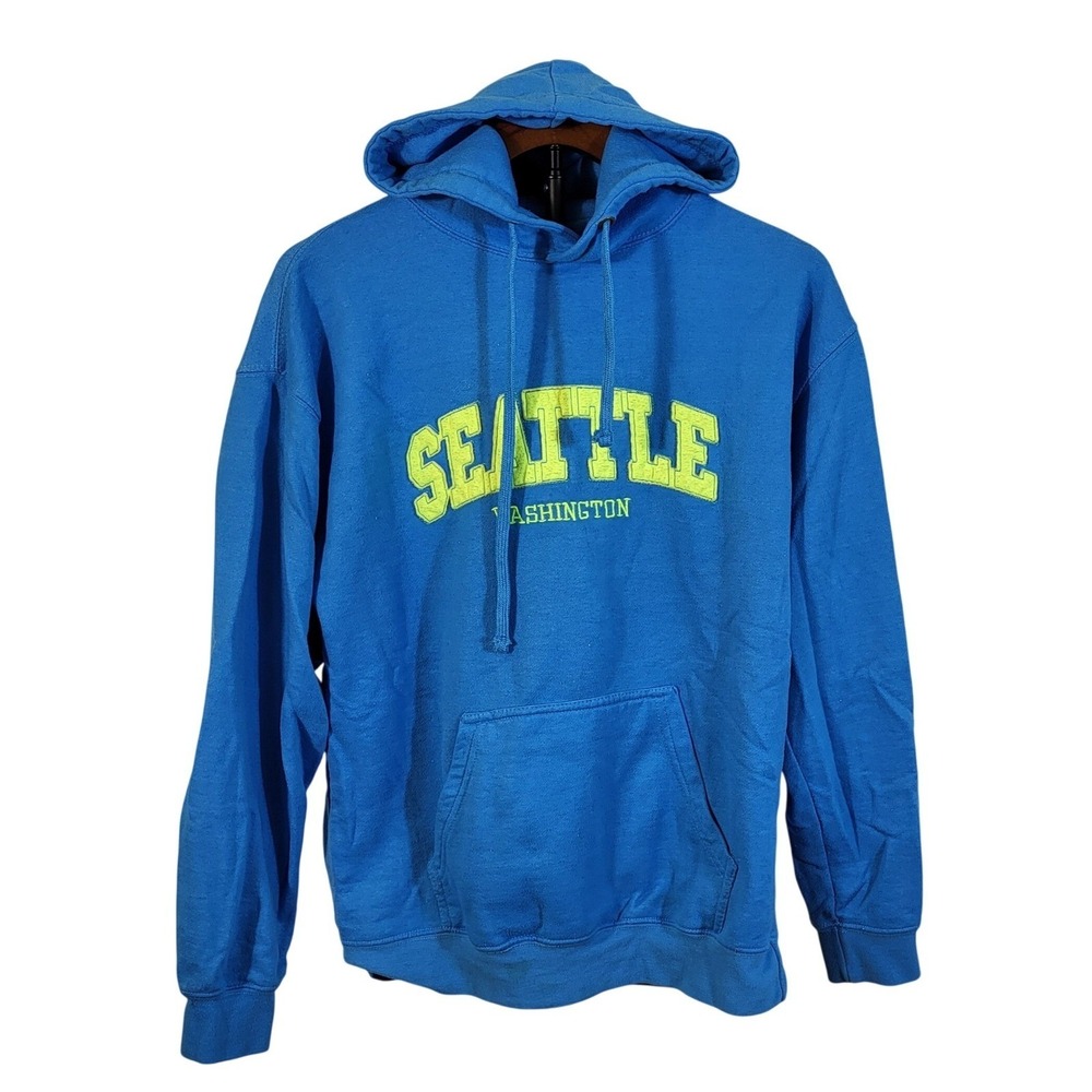 Rag Wear USA Seattle Washington Hoodie Mens Medium Blue Neon Yellow Sweatshirt